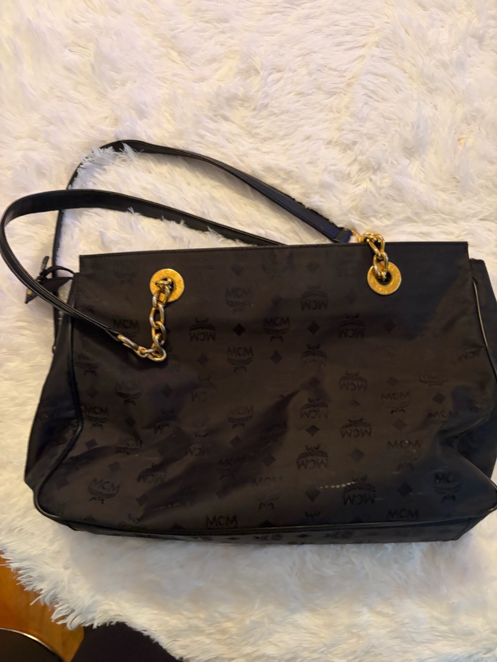 MCM Black Monogram Tote with Gold Chain Hardware